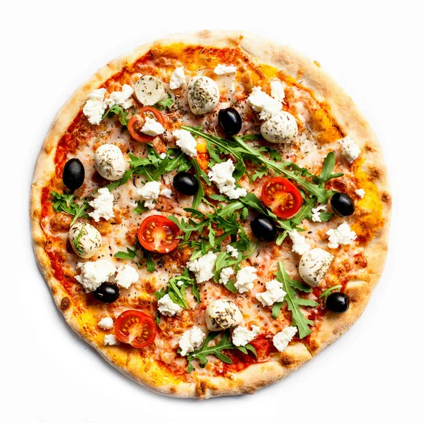 Sıcak peynir ve domates beyaz arka plan üzerinde pizza yuvarlak