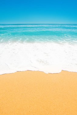 Yumuşak mavi okyanus dalgası ile güzel tropikal plaj, kum ve şeffaf gökyüzü. Yaz seyahat tatil arka plan kavramı. Deniz panoram