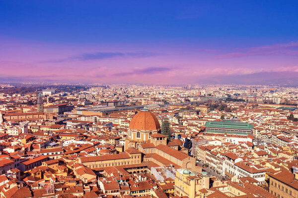  Beautiful Florence sunset skyline in summer day, Aerial view of Florence, Tuscany, Italy
