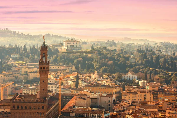 Bird view of Florence, Tuscany, Italy. View from Cathedral Santa Maria Del Fiore. Beautiful Florence sunset skyline,