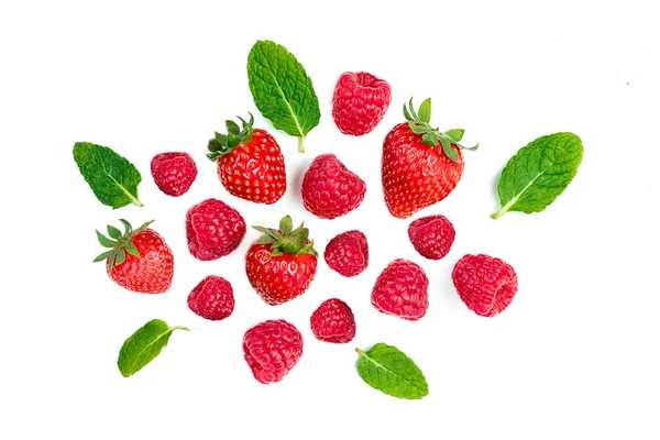 Fresh Berries Isolated White Background Top View Strawberry Raspberry Mint — Stock Photo, Image