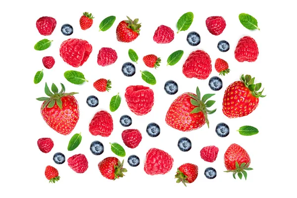 Strawberry and Raspberry Pattern. Various fresh berries isolated on white background, close up. Flying Strawberry, Mint, Raspberry and Blueberr