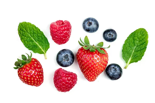 Fresh Berries Raspberries Blueberries Mint Leaves Isolated White Background Macro — Stock Photo, Image