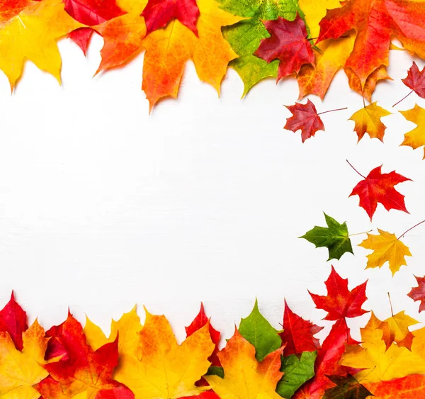 Autumn frame composition made of falling autumn leaves on white background with Copy space.