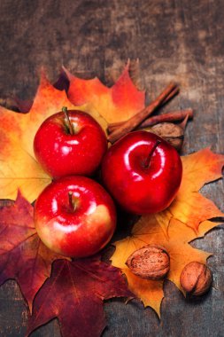  Arka plan kırmızı olgun elma ve ahşap masa kopya alanı ile akçaağaç yaprakları ile hasat. Şükran günü veya mevsimlik sonbahar konsepti