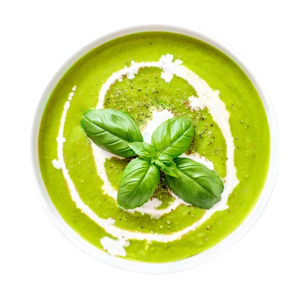 Spinach soup with cream in a bowl. Broccoli and Spinach creamy soup with croutons isolated on white background, top view. Close up. Detox healthy foo — Stock Image Spinach Soup Cream Bowl Broccoli Spinach Creamy Soup Croutons Isolated Royalty Free Stock Photos