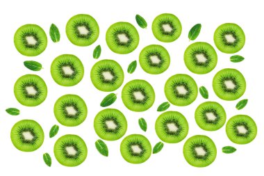 Yaratıcı düzen Kivi Meyve snd nane yapılmış bırakır. Olgun ve sulu kivi birçok dilim. Düz yatıyordu.