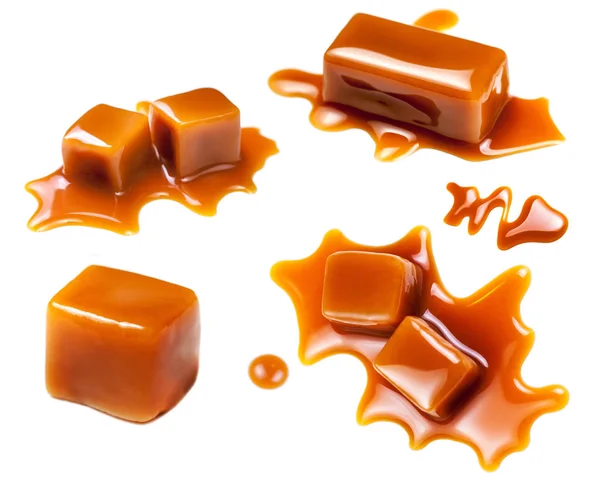 Flowing Caramel Sauce Isolated White Background Golden Butterscotch Toffee Caramel — Stock Photo, Image