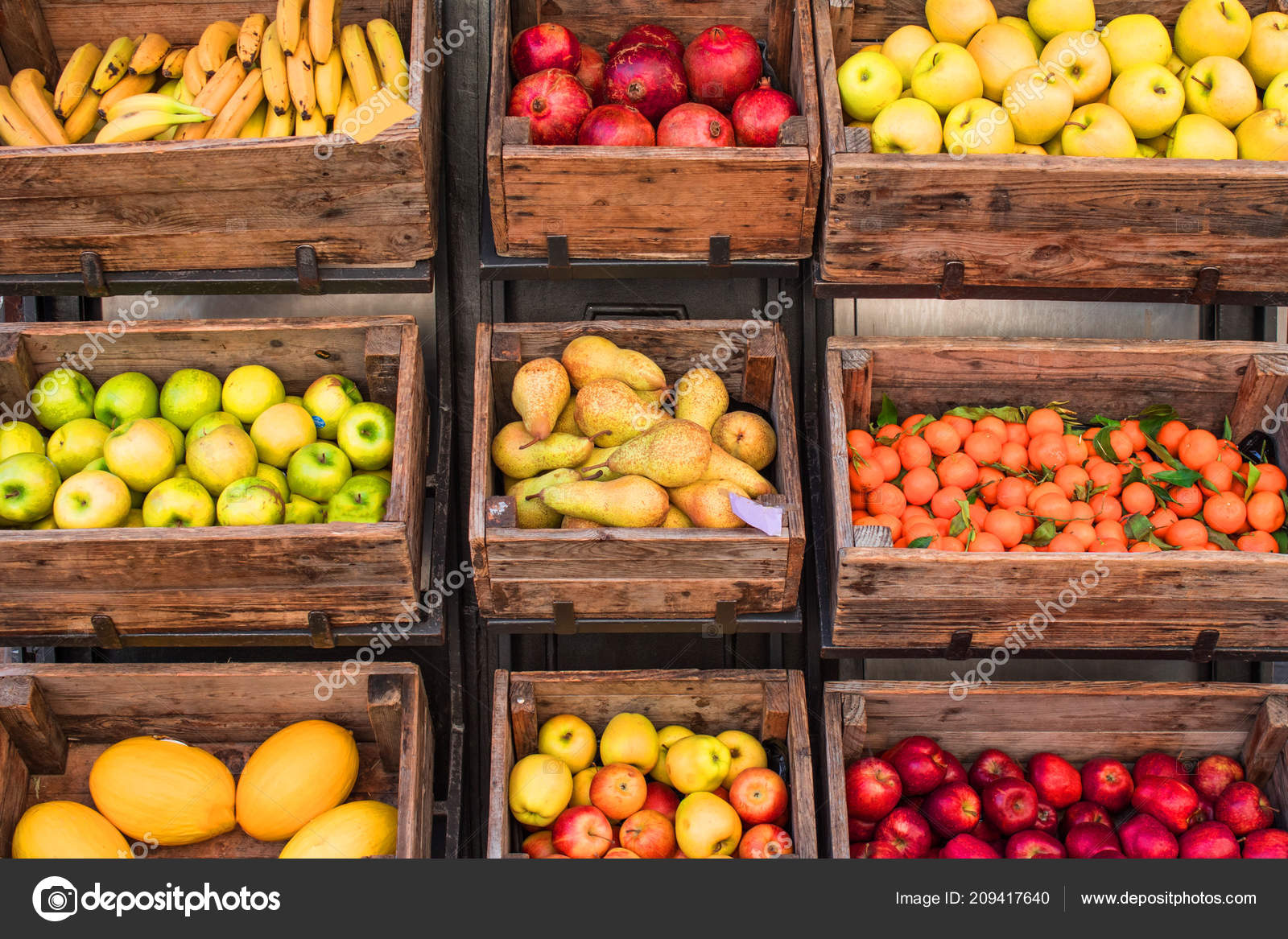Assortment Fresh Fruits Vegetables Market Counter Wooden Boxes — Stock