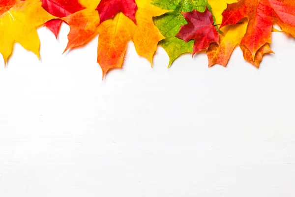 Φθινόπωρο Πλαίσιο Πολύχρωμα Μαρπλ Φύλλα Άσπρο Φόντο Ξύλου Αντίγραφο Χώρο — Φωτογραφία Αρχείου