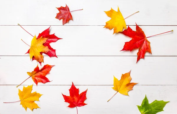 Podzimní Listí Bílém Pozadí Dřeva Copy Prostoru Pohled Ploché Ležel — Stock fotografie