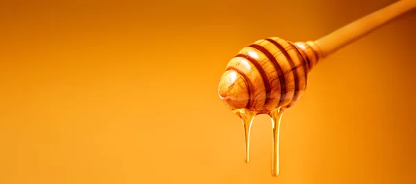 黄色の背景の上に木製の蜂蜜ディッパーから滴下蜂蜜 Copyspace を使用したデザインの甘い蜂製品 — ストック写真