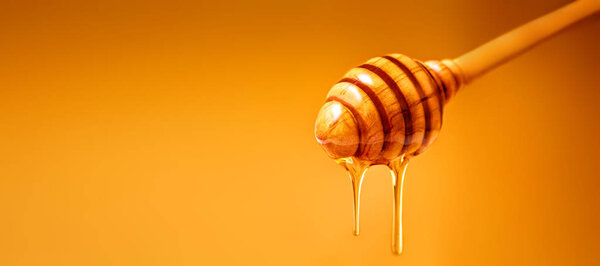 Мед капает с деревянного медового ковша на жёлтом фоне. Sweet bee product for your design with copyspace
.