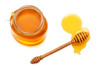 bal ayı ve bal izole üzerinde beyaz arka plan kavanoz. Doğal arı tatlım. Üstten görünüm