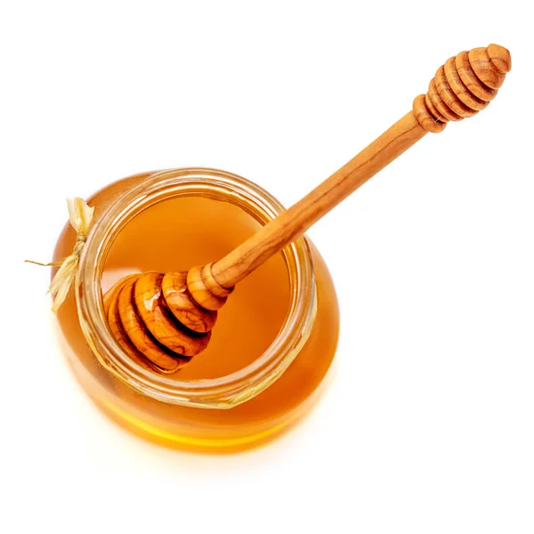 Honey Dipper Honing Pot Geïsoleerd Witte Achtergrond Natuurlijke Sweet Bee — Stockfoto