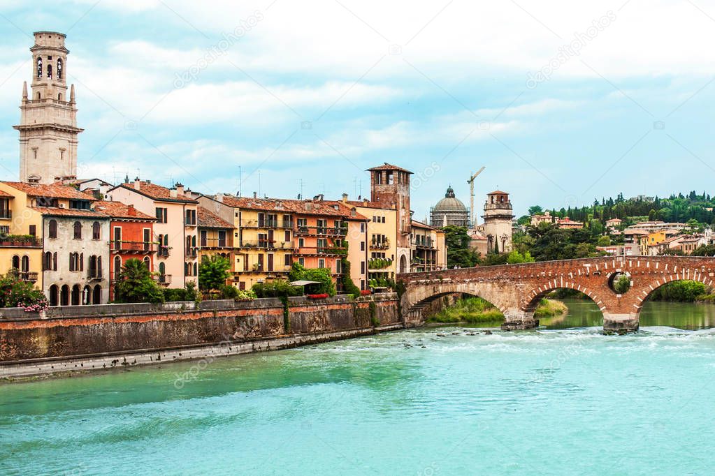  Verona, Italy. Veneto region.  Panoramic view Image of Verona with river at sunny day