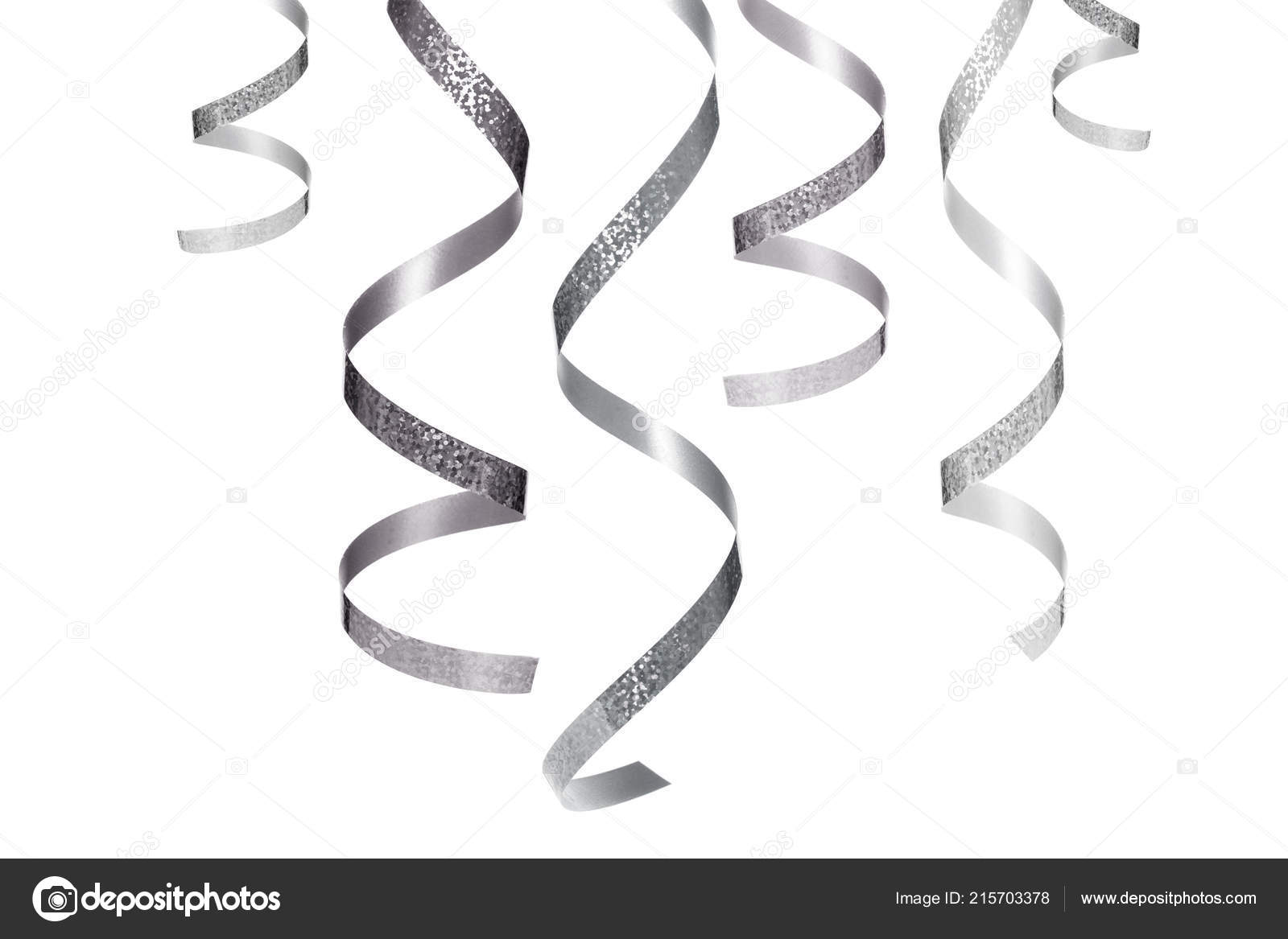 Silver Serpentine Isolated Curling Ribbon Hanging On White, White Curling  Ribbon 