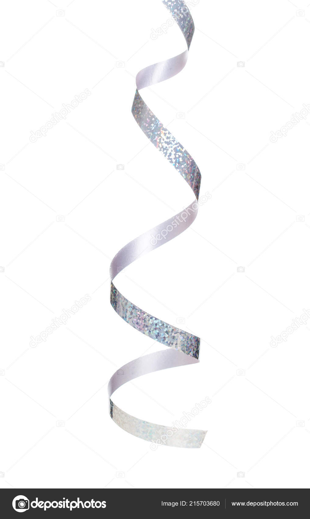 Silver curly ribbons. Serpentine on white transparent background
