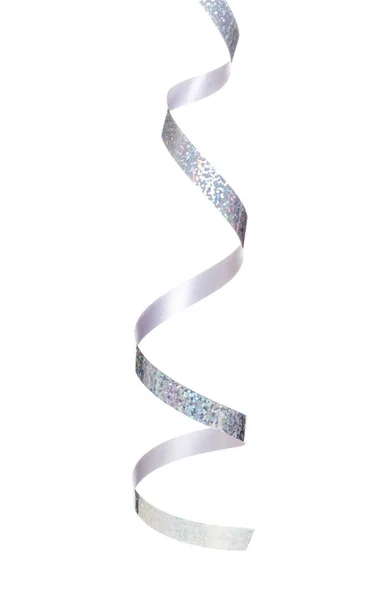 Silver Serpentine Isolated Curling Ribbon Hanging White Background — Stock Photo, Image