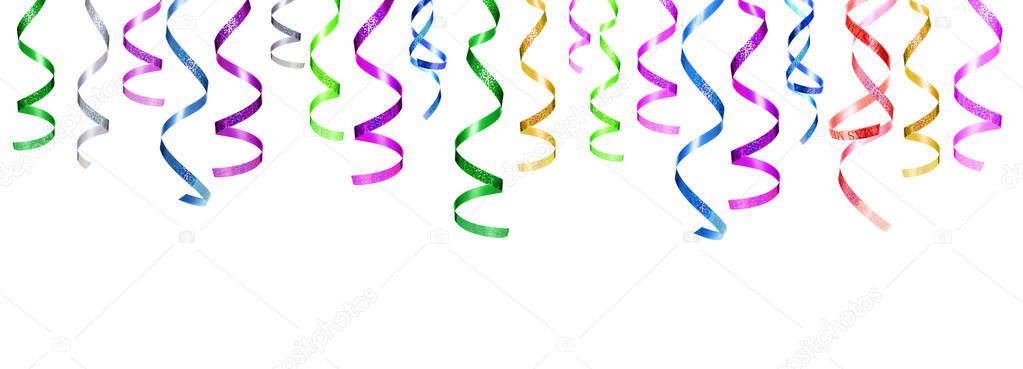 Set of Party hanging curling ribbons isolated on white background. Christmas decorations elements.  Various serpentine or streamer