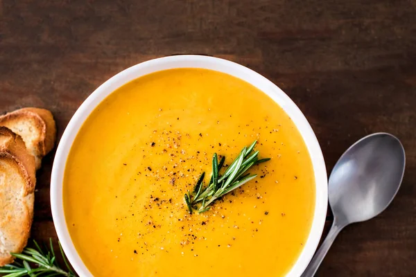 Pumpkin Carrot Cream Soup Wood Rustic Background Autumn Cream Soup — Stock Photo, Image