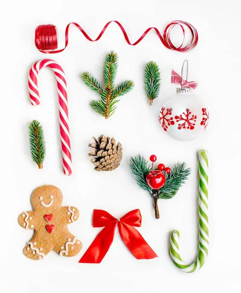 Flat Lay Christmas Composition Fir Tree Branches Gingerbread Christmas Cookie — Stock Photo, Image