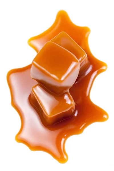 Bomboane Dulci Caramel Sos Caramel Izolat Fundal Alb Aproape — Fotografie, imagine de stoc