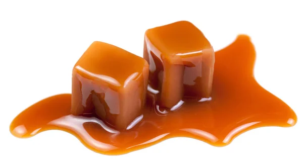 Bomboane Dulci Caramel Sos Caramel Izolat Fundal Alb Aproape — Fotografie, imagine de stoc