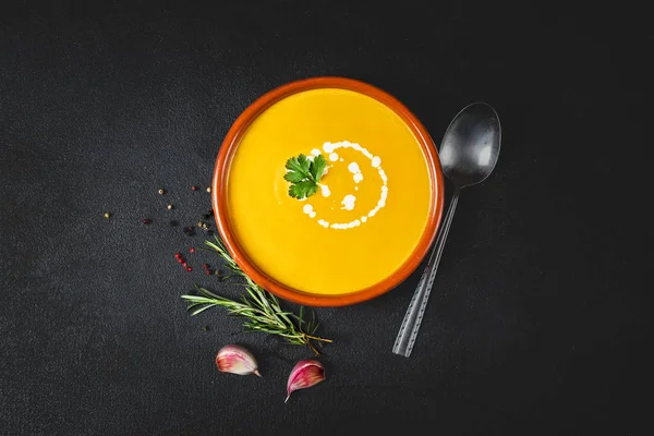 Spicy pumpkin cream soup with herbs — Stock Image Spicy Pumpkin Cream Soup Herbs Royalty Free Stock Images