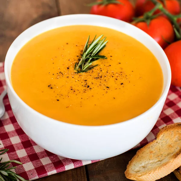 Squash Soup Rosemary Rustic Wooden Table — Stock Photo, Image