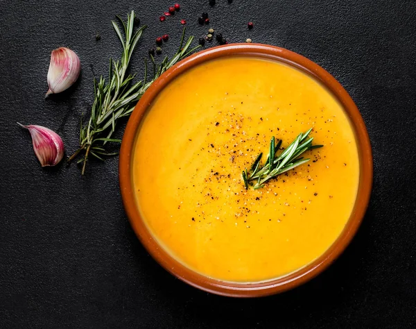 Spicy Pumpkin Cream Soup Herbs — Stock Photo, Image