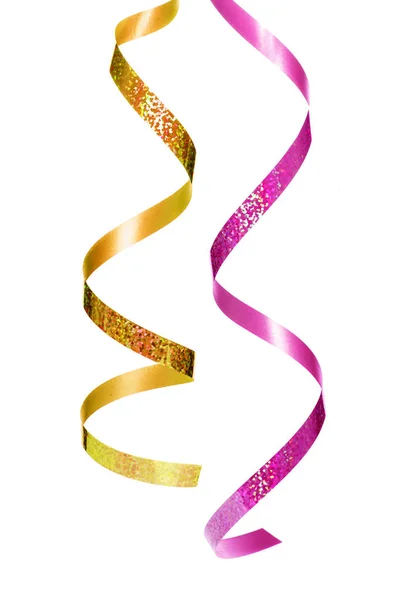 Golden Pink Serpentine Curling Ribbons White Background — Stock Photo, Image