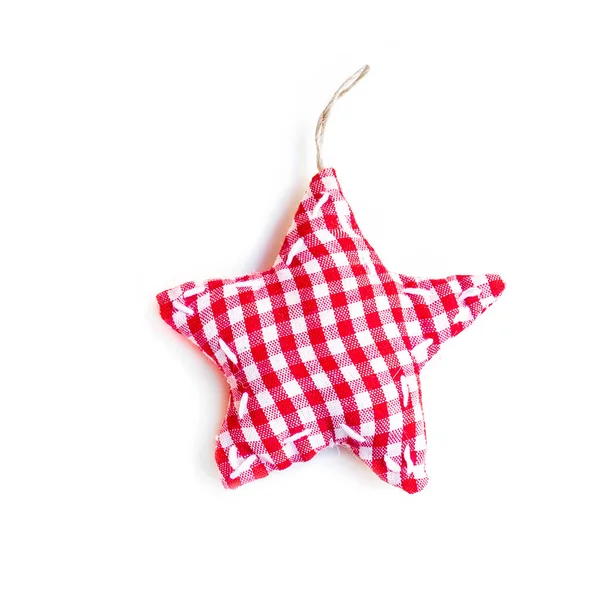 Juldekoration Isolerad Vit Bakgrund Röd Textil Handgjorda Stjärna Makro — Stockfoto