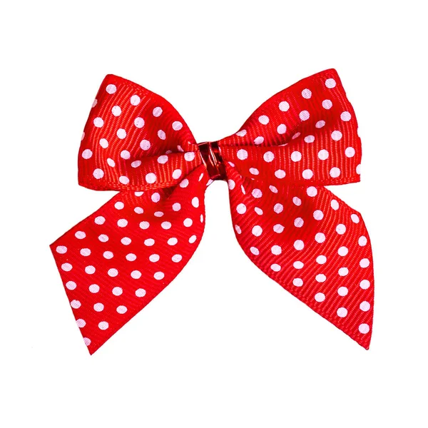 Boog Van Decoratieve Rood Lint Met Wit Polka Dot Patroon — Stockfoto