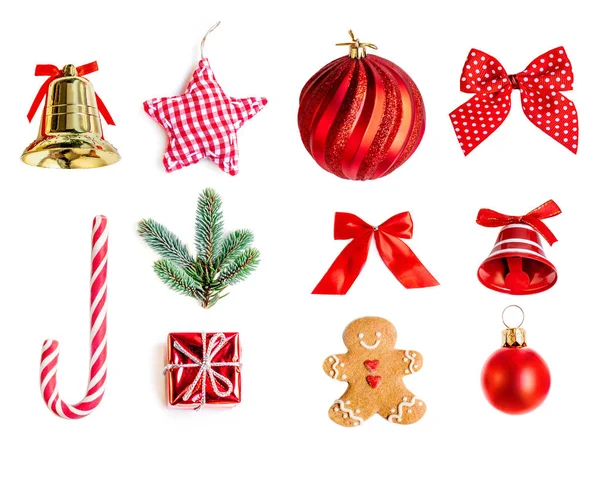 Collectie Van Kerstmis Objecten Voor Mock Sjabloonontwerp Rood Bauble Fir — Stockfoto
