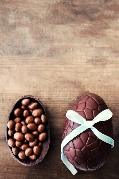 Chocolate Easter Eggs Candies Wooden Background Happy Easter Concept Copy — Stock Photo, Image