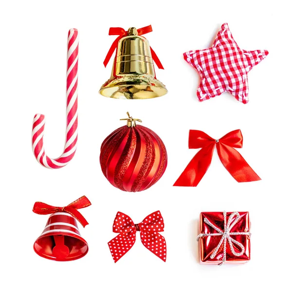 Kerst Collectie Geschenken Decoratieve Ornamenten Geïsoleerd Een Witte Achtergrond Close — Stockfoto