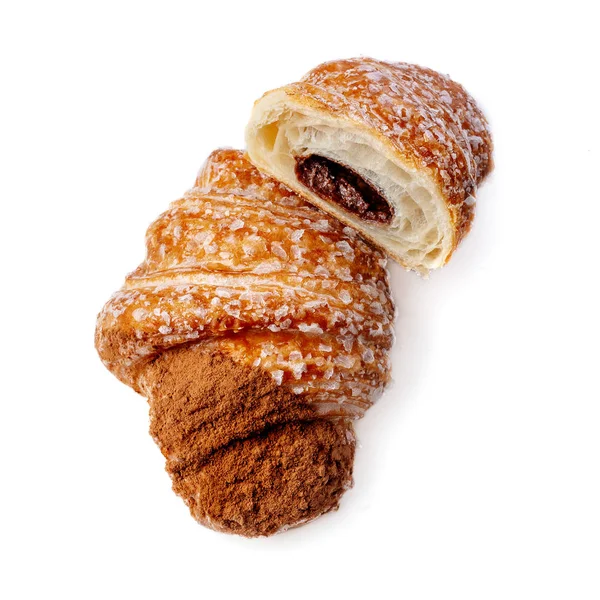 Croissant Fatiado Com Chocolate Cacau Isolado Fundo Branco Conceito Alimentar — Fotografia de Stock