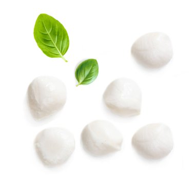 Mozzarella with basil leaves isolated on white background.  clipart