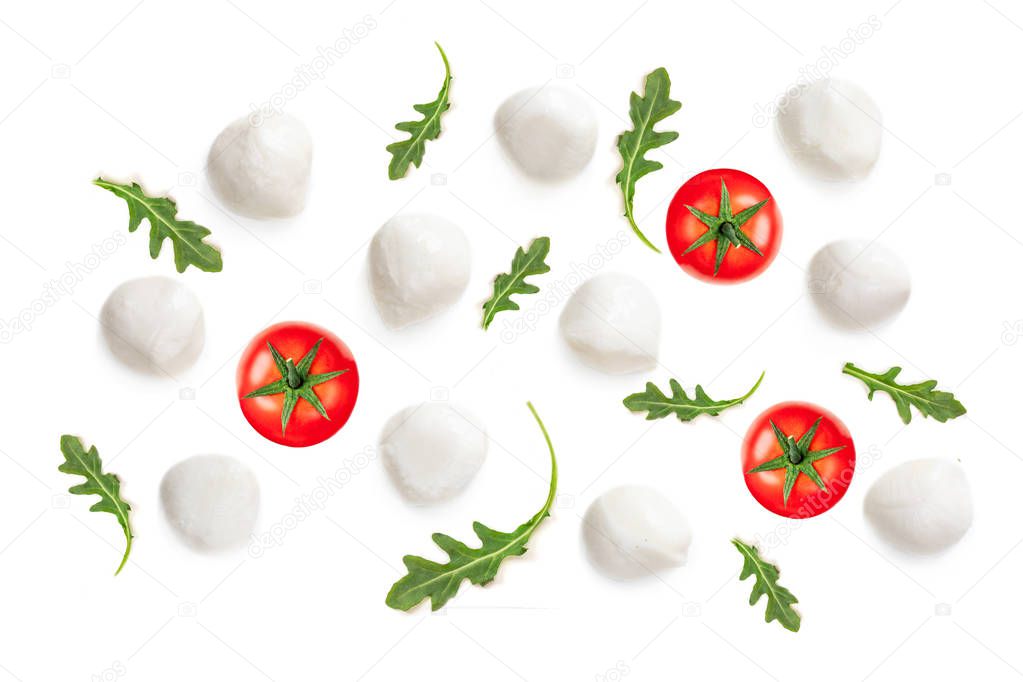 Mozzarella, arugula and cherry tomatoes isolated on white background. 