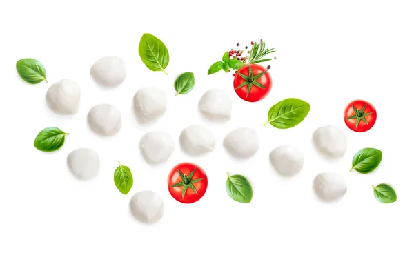 Mozarella Basil Leaf Tomatoes Isolated White Background Creative Layout Made — Stock Photo, Image