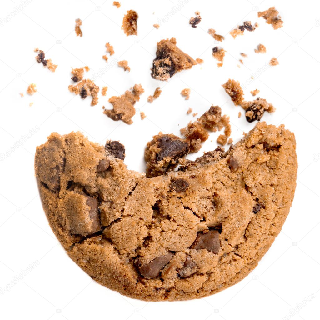  Chocolate chip cookie with crumbs  isolated on white background.  Homemade bakery and dessert