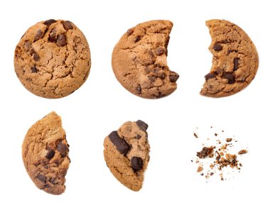 Various pieces of chocolate chips cookies isolated on white background. Homemade choco chip cookies clipart