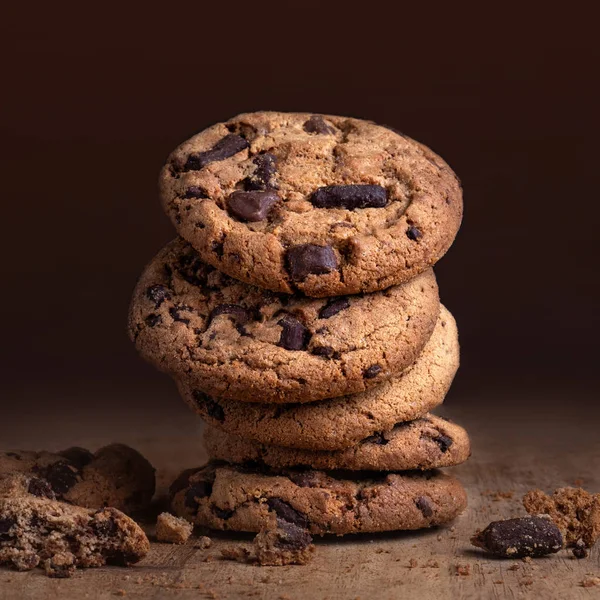 Chocolate Chip Cookies Old Wooden Table Stacked Chocolate Cookies Dark — Stock Photo, Image