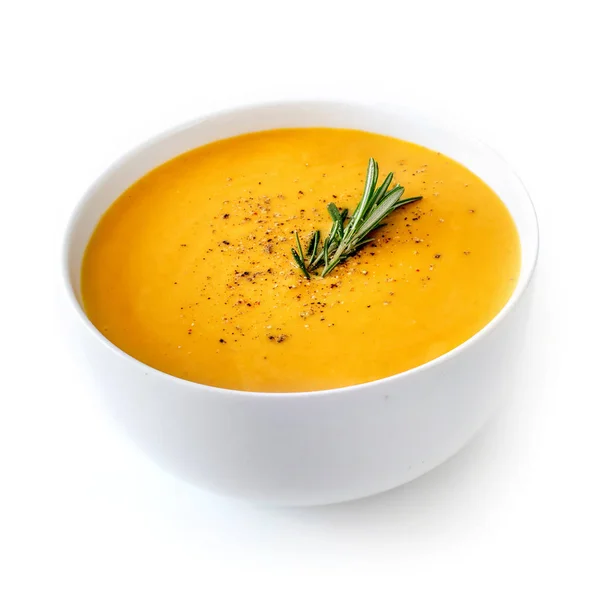 かぼちゃとにんじんのボウルのクリーム スープは 白い背景で隔離 — ストック写真