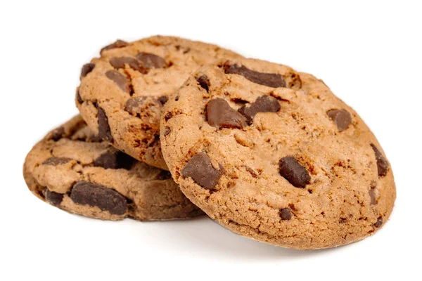 Chocolate Chip Cookies Med Choklad Bitar Isolerad Vit Bakgrund Macro — Stockfoto