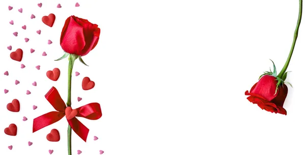 Boldog Valentin Nap Üdvözlőlap Rózsa Piros Rózsaszín Szívekkel Elszigetelt Fehér — Stock Fotó
