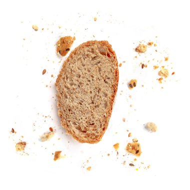 Beyaz arka plan üzerinde izole ekmek tost. Kırıntıları ve ekmek dilimi kapatın. Ekmek, gıda kavramı. Üstten görünüm