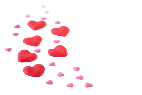 Vallende Rode Harten Geïsoleerd Witte Achtergrond Abstracte Valentine Dag Wenskaart — Stockfoto