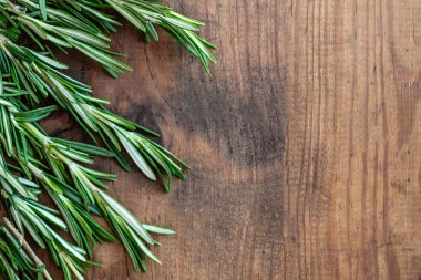 Biberiye bitki boşaltmak bir ahşap zemin üzerinde. Taze biberiye kurulu. Üstten görünüm